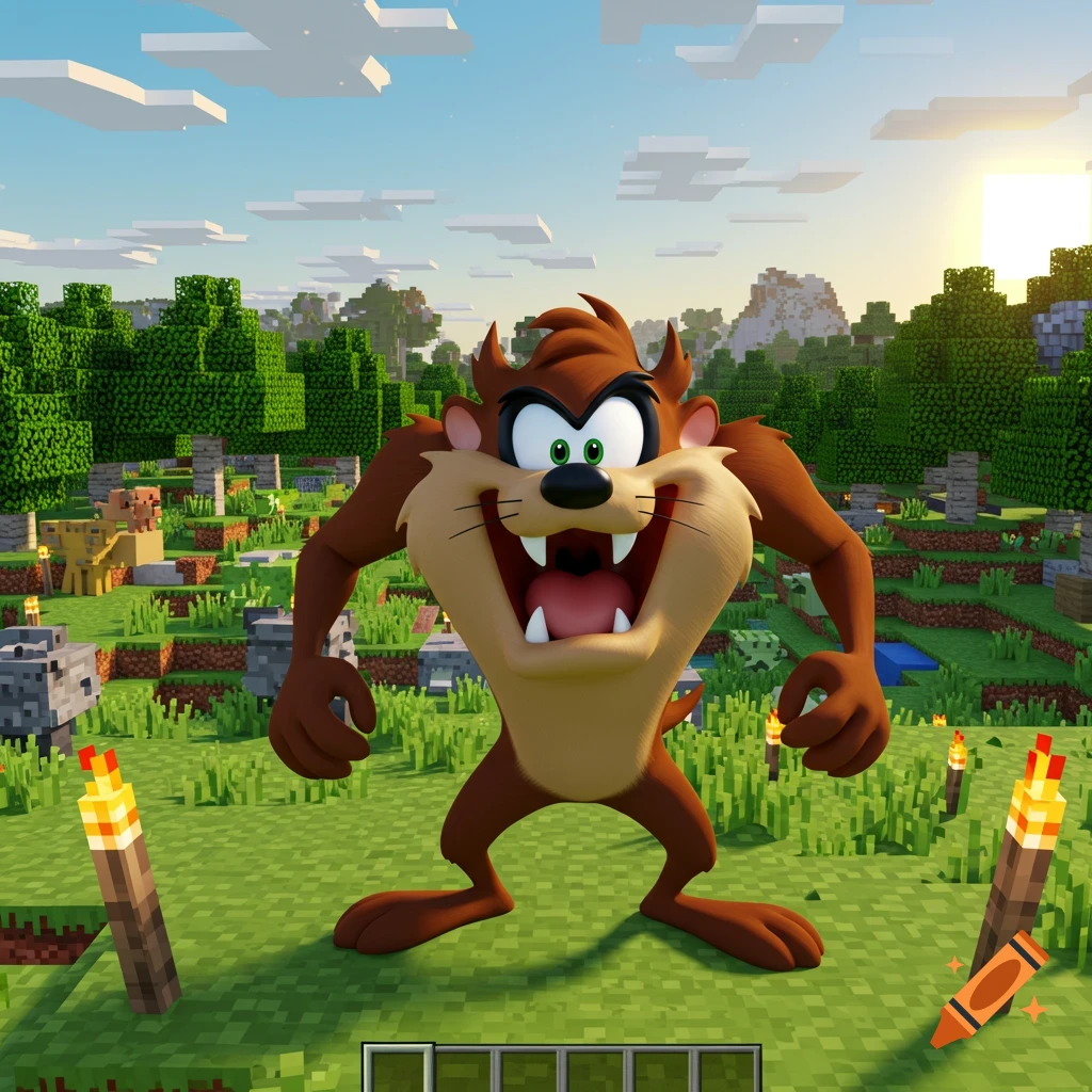Taz, the Tasmanian Devil, stands roaring in a sunny, blocky Minecraft landscape with pixelated trees and torches.