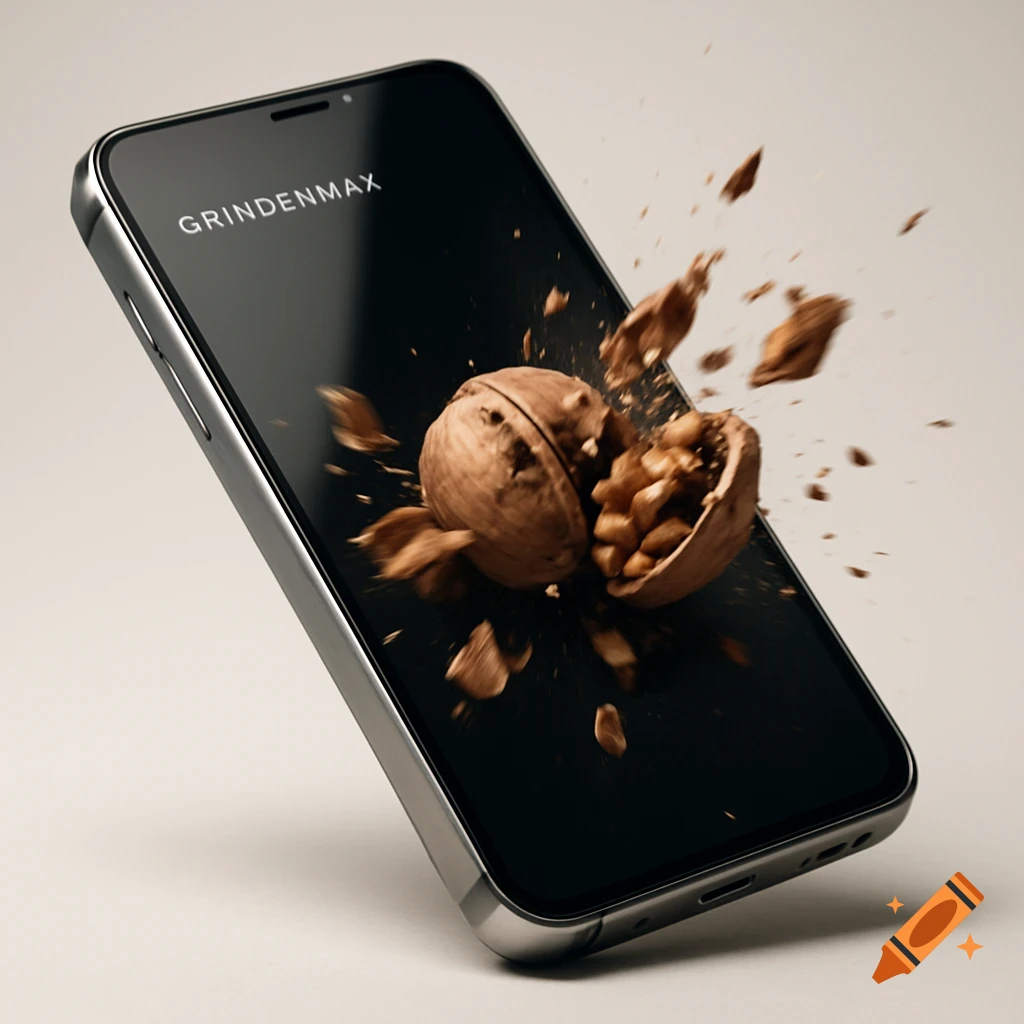 Photorealistic silver smartphone with 'GRINDENMAX' on its screen, a walnut breaking apart with pieces flying outward on a light background.