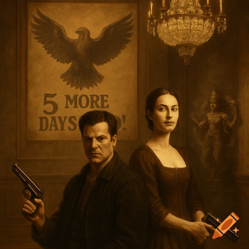 Renaissance-style portrait of a man and woman holding guns. Behind them is a poster with an eagle and the text '5 MORE DAYS TO GO!'.