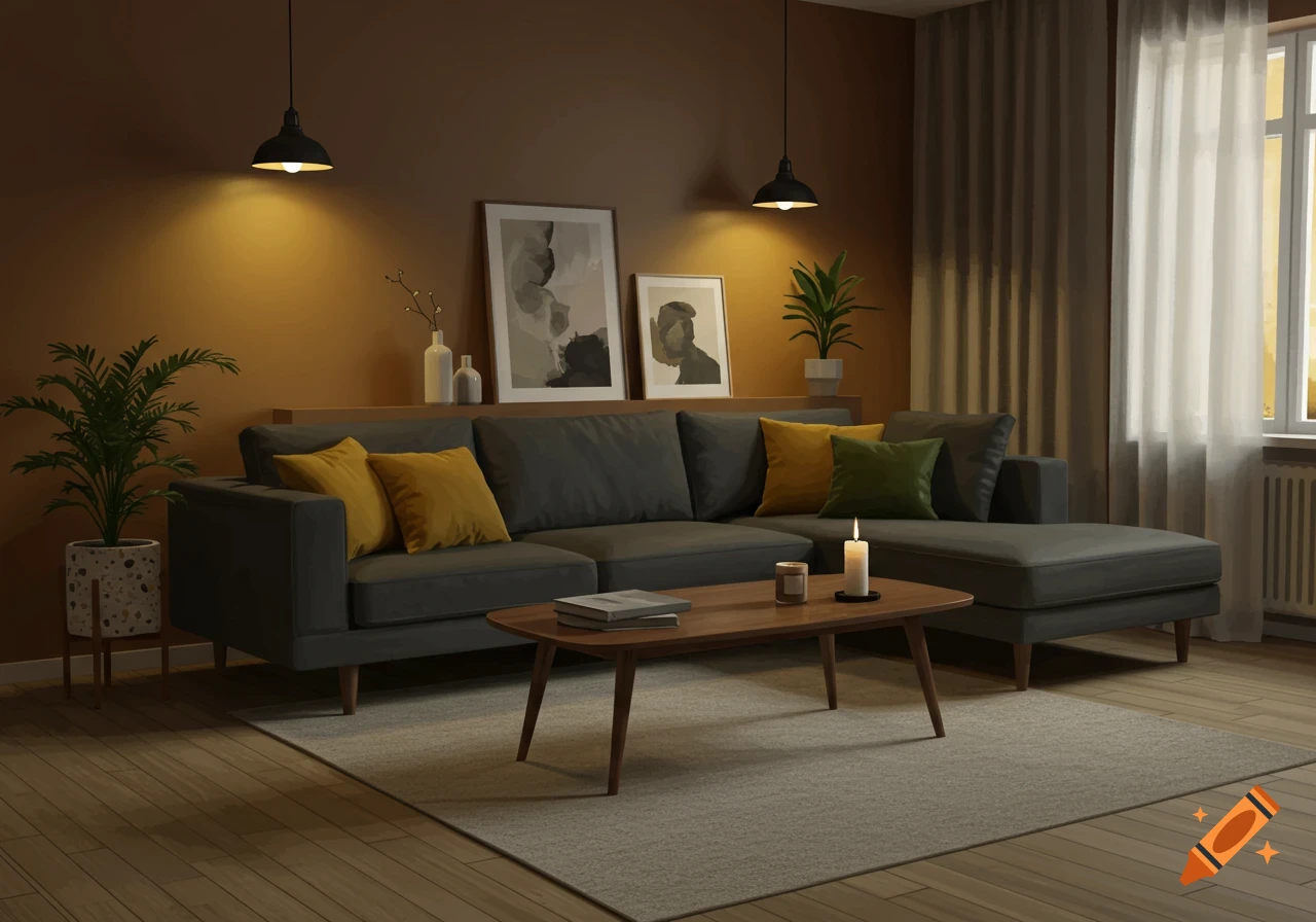 A modern living room with a dark grey L-shaped sofa, wooden coffee table, plants, and abstract art.
