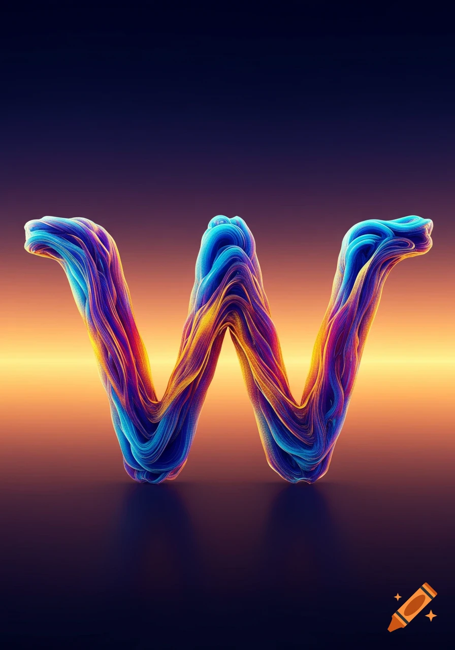 A stylized uppercase letter W, formed by swirling blue, purple, and orange lines, glowing against a dark and warm gradient background.