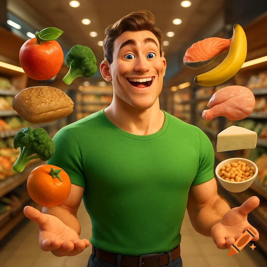Smiling man in a green shirt surrounded by floating healthy food items in a supermarket, Pixar illustration style.