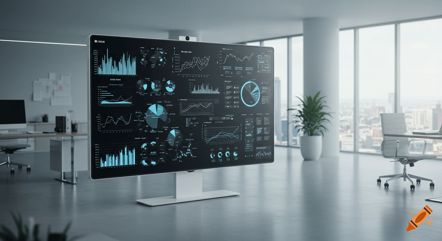 A large digital screen displays various blue and white data charts and graphs in a modern office with city views.
