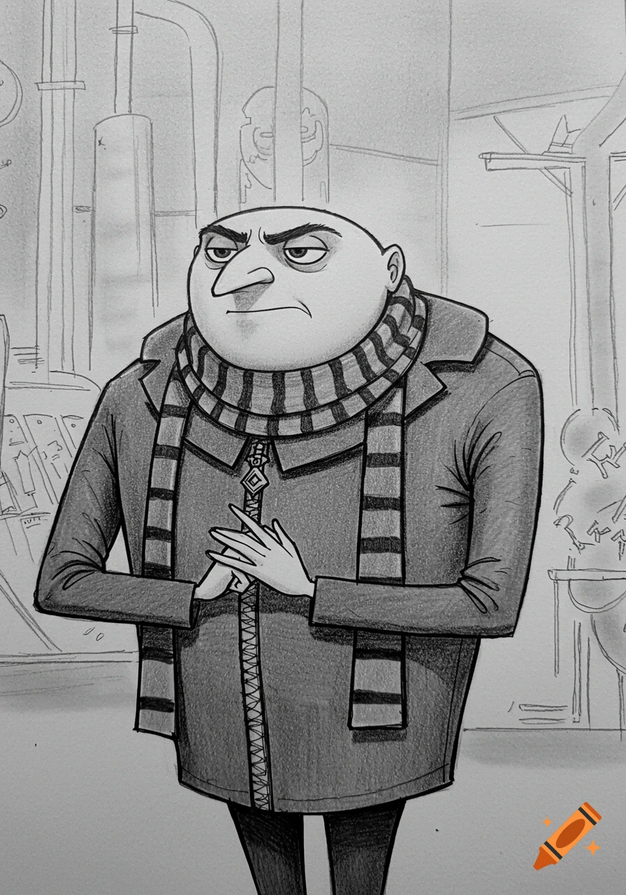 Pencil sketch of Gru from Despicable Me, wearing a striped scarf and coat, standing with clasped hands in an industrial setting.