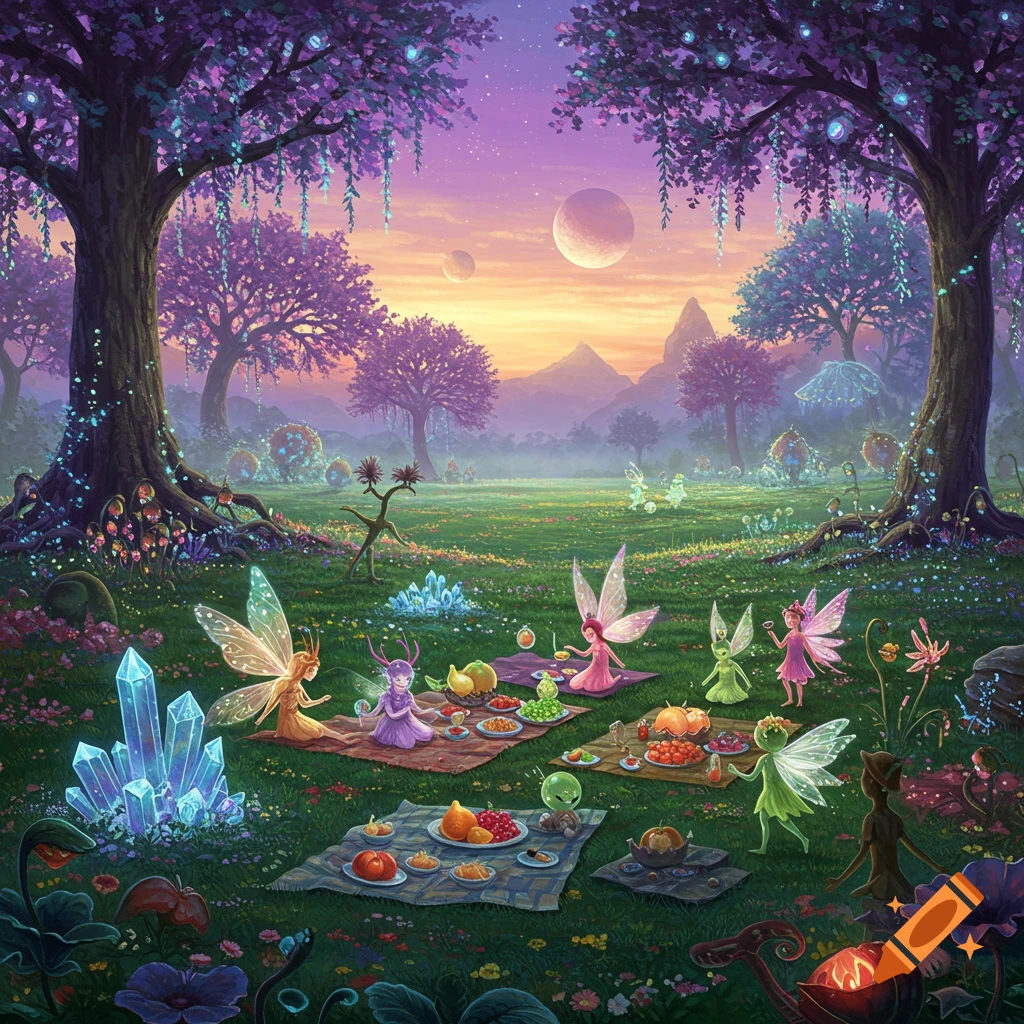 Fairies picnic in a vibrant, glowing magical forest with purple trees, crystals, and multiple moons in the sky.