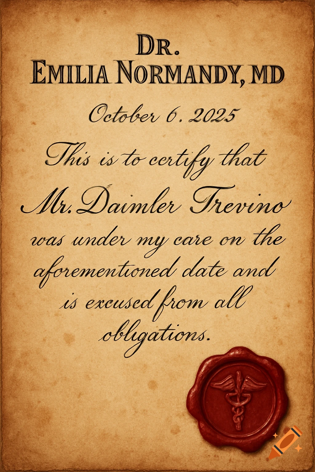 A vintage-style doctor's note on parchment paper, dated October 6, 2025, excusing Mr. Daimler Trevino, with a red wax seal.