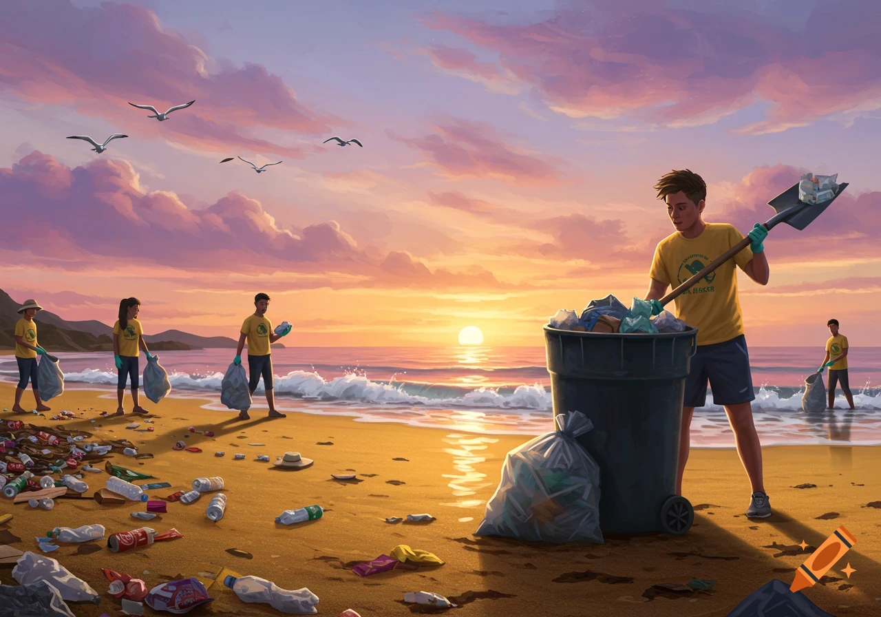 Volunteers clean a trash-strewn beach at sunset, collecting litter into bags and a bin, in a vibrant digital painting.
