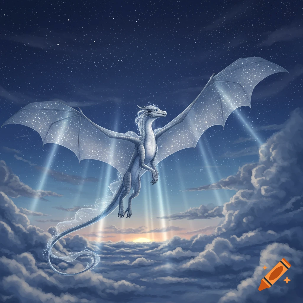 A white dragon with starry wings flies gracefully through a night sky above clouds, illuminated by ethereal light rays.