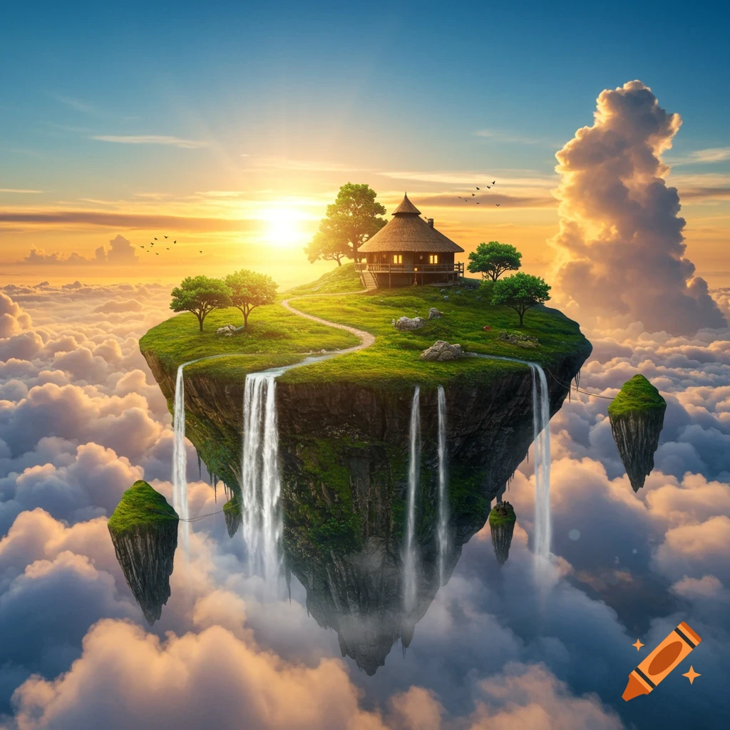 A vibrant fantasy landscape features a floating island with a small house, lush trees, and waterfalls, surrounded by clouds at sunset.