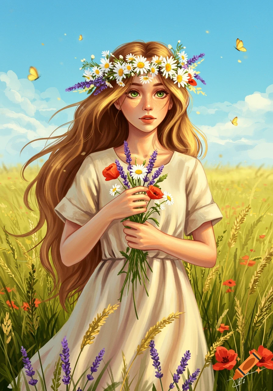 An illustration of a long-haired girl with a daisy crown holding a wildflower bouquet in a sunny field with butterflies.