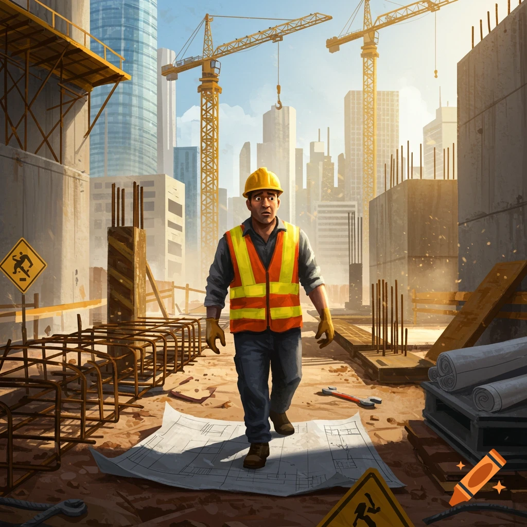 A confused construction worker in a hard hat and safety vest stands on a blueprint at a dusty construction site with cranes and city buildings.