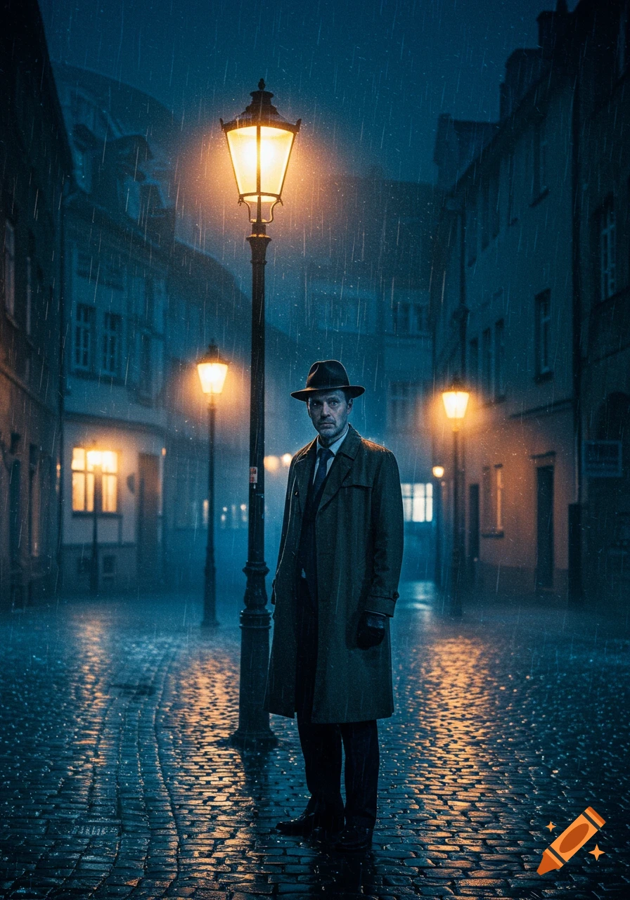 A man in a trench coat and fedora stands under a glowing street lamp on a wet, rainy cobblestone street at night, with buildings in the background.