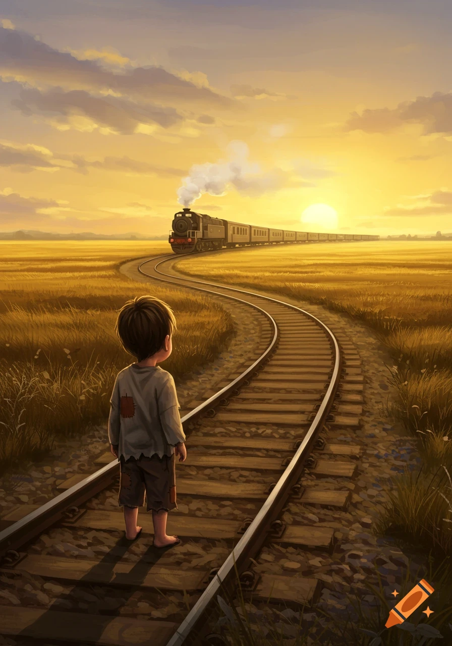A stylized illustration of a small, barefoot boy with patched clothes standing on train tracks, looking at a train moving away into the sunset across a golden field.