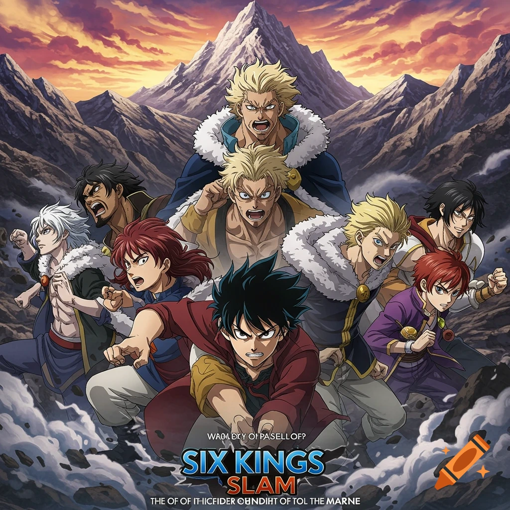 A group of diverse anime-style male characters in dynamic poses, some with fur-lined capes, against a dramatic mountain range under an orange sky.
