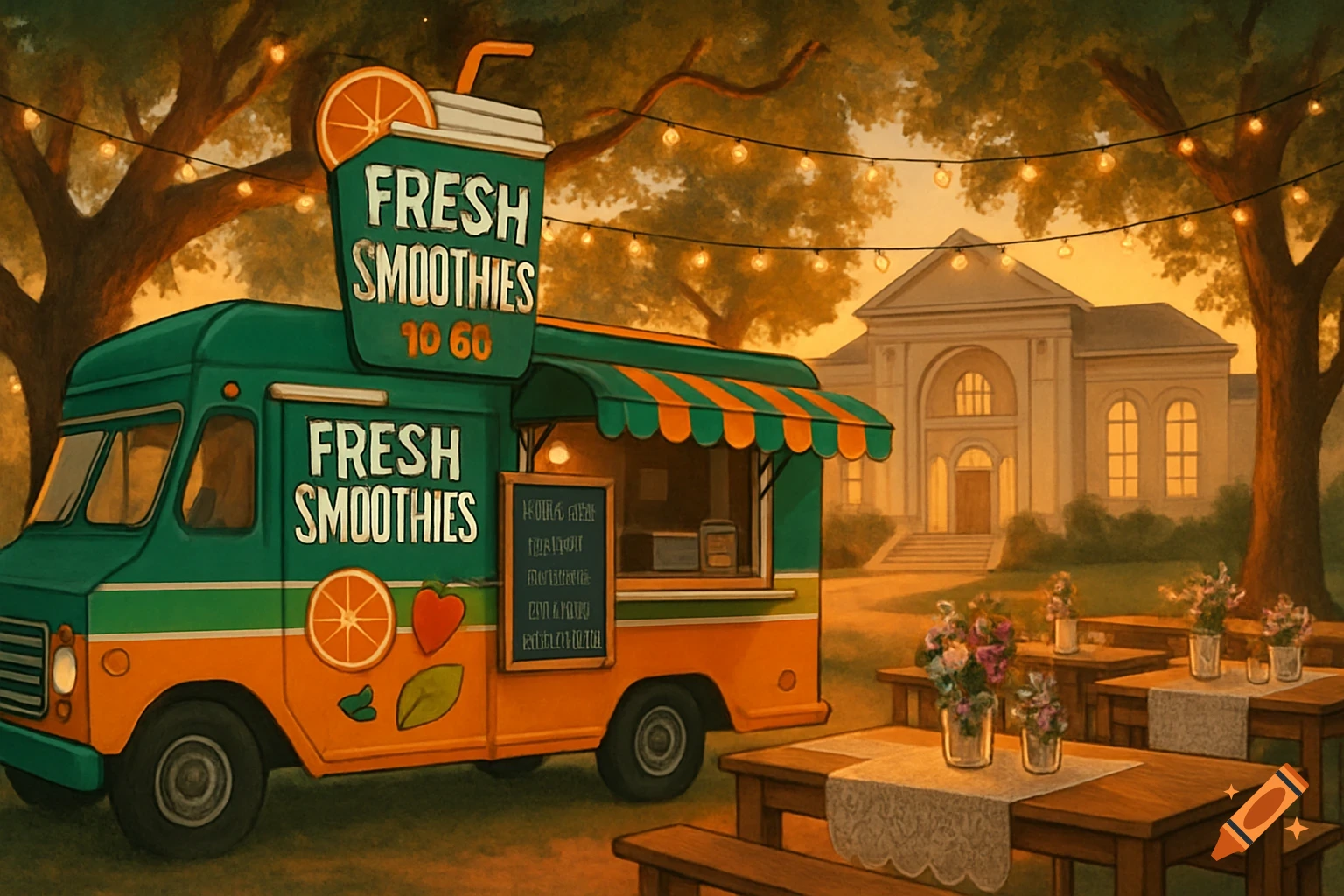 An orange and green 'Fresh Smoothies' food truck sits in a park-like setting with picnic tables and string lights, a large building in the background. Illustration style.