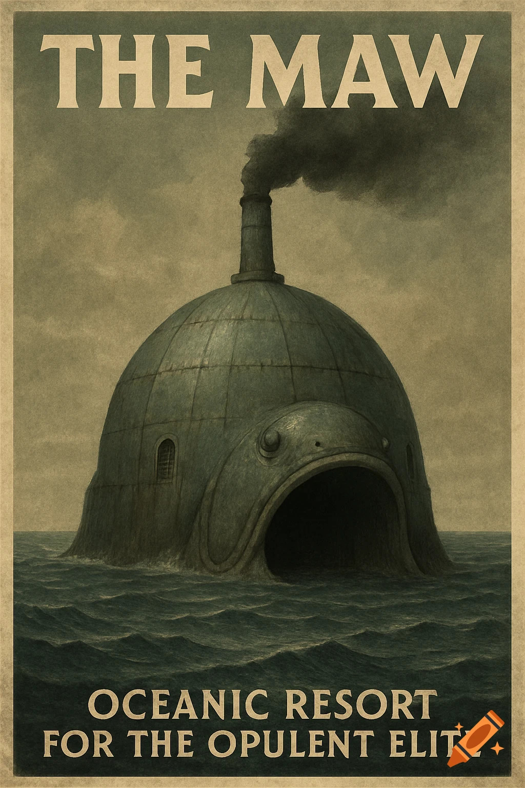 Vintage travel poster for 'The Maw,' a massive, dome-shaped industrial contraption with a smokestack and fish mouth entrance, floating in a stormy sea.