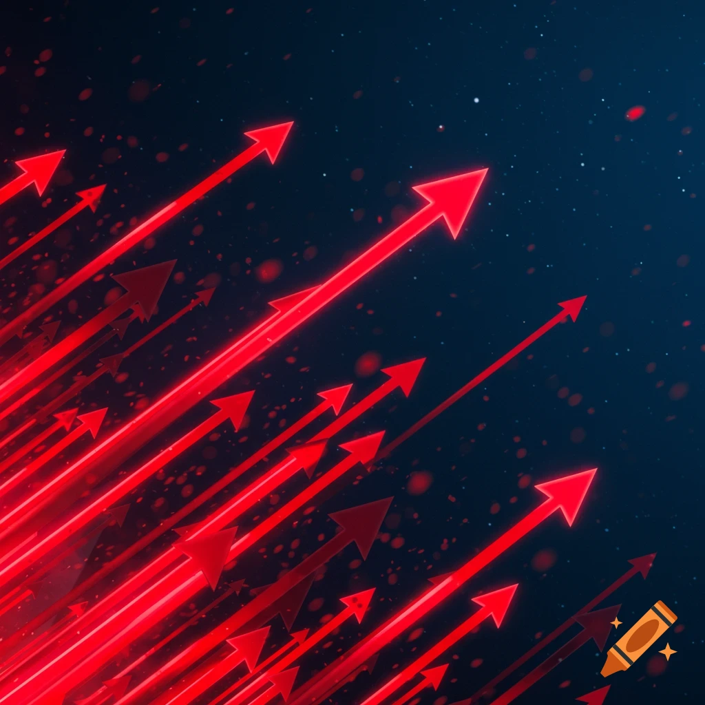 Multiple glowing red arrows point diagonally upwards and right against a dark, particle-filled background.