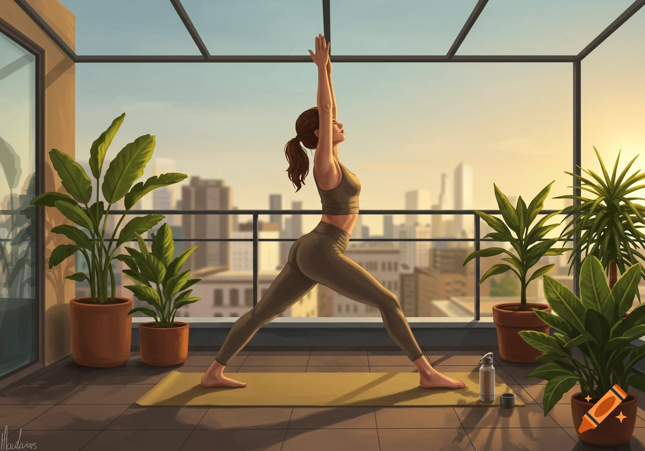 Illustrated woman in yoga pose on a city balcony at sunrise, surrounded by plants.