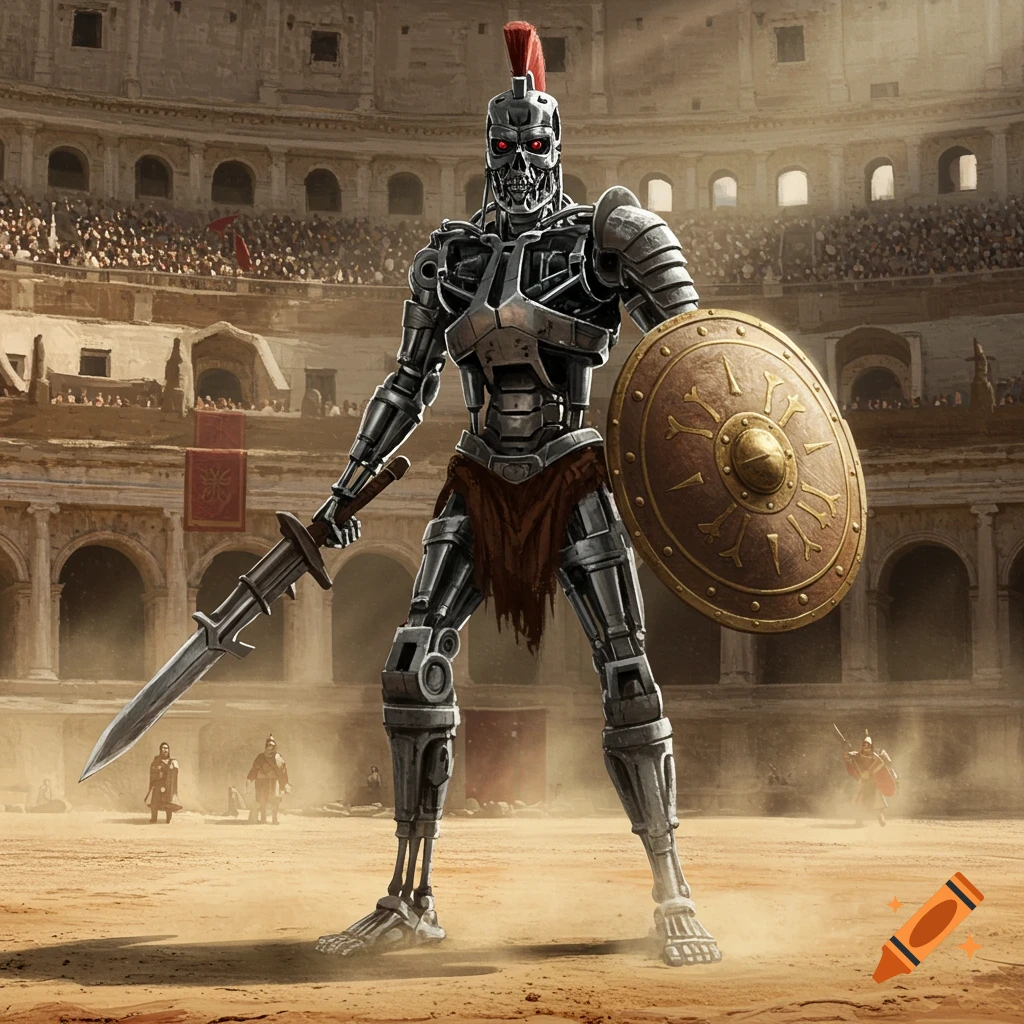 A Terminator-like robot gladiator with glowing red eyes, a sword, and a shield stands in a dusty Roman Colosseum.