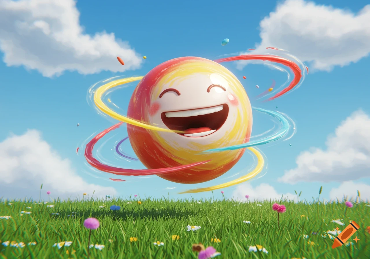 A cheerful, colorful laughing ball floats above a green field with tiny flowers under a blue sky.