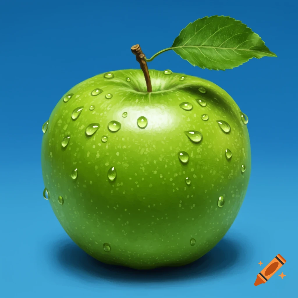 A vibrant green apple with water droplets and a single leaf sits on a solid blue background.