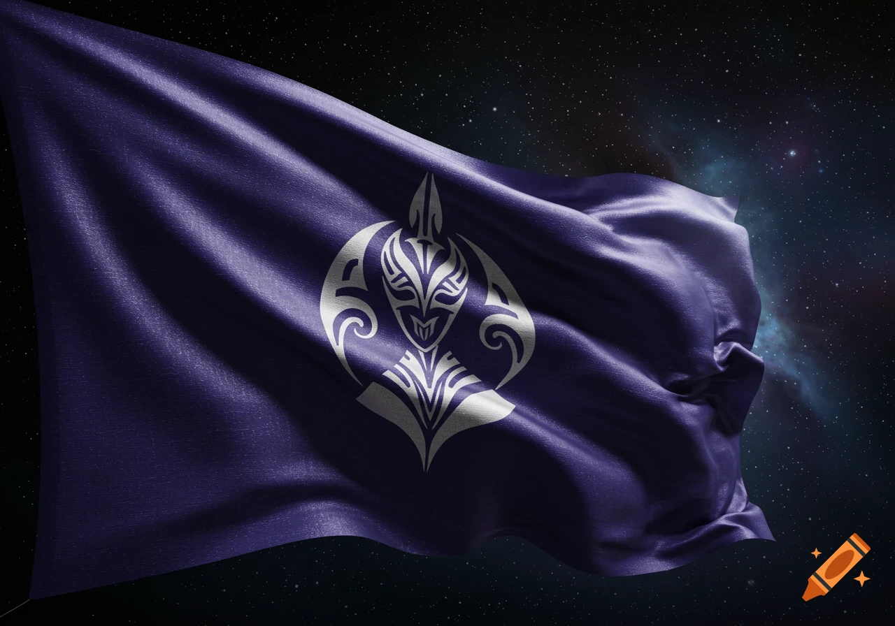 A purple flag with a white stylized symbol waves against a star-filled space background with a nebula.