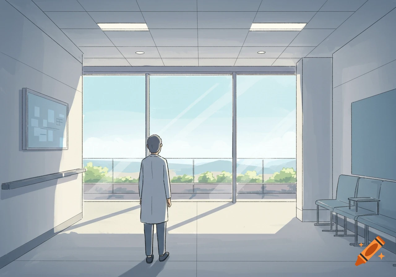 A person in a white coat stands in a hospital hallway, looking out a large window at a landscape. Minimalist 2D animation style.