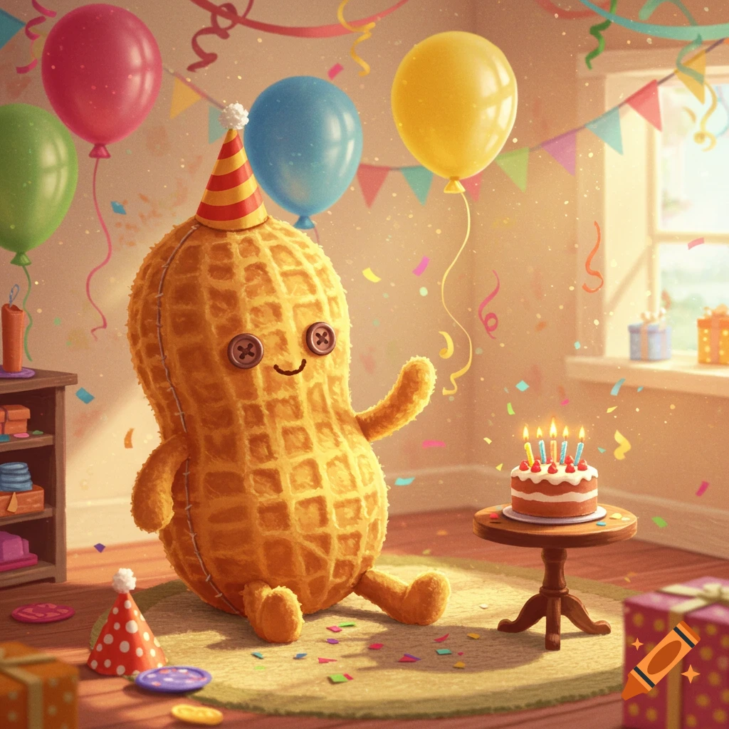 A cute plush peanut wearing a party hat sits on a rug in a festive room with balloons, confetti, and a birthday cake.