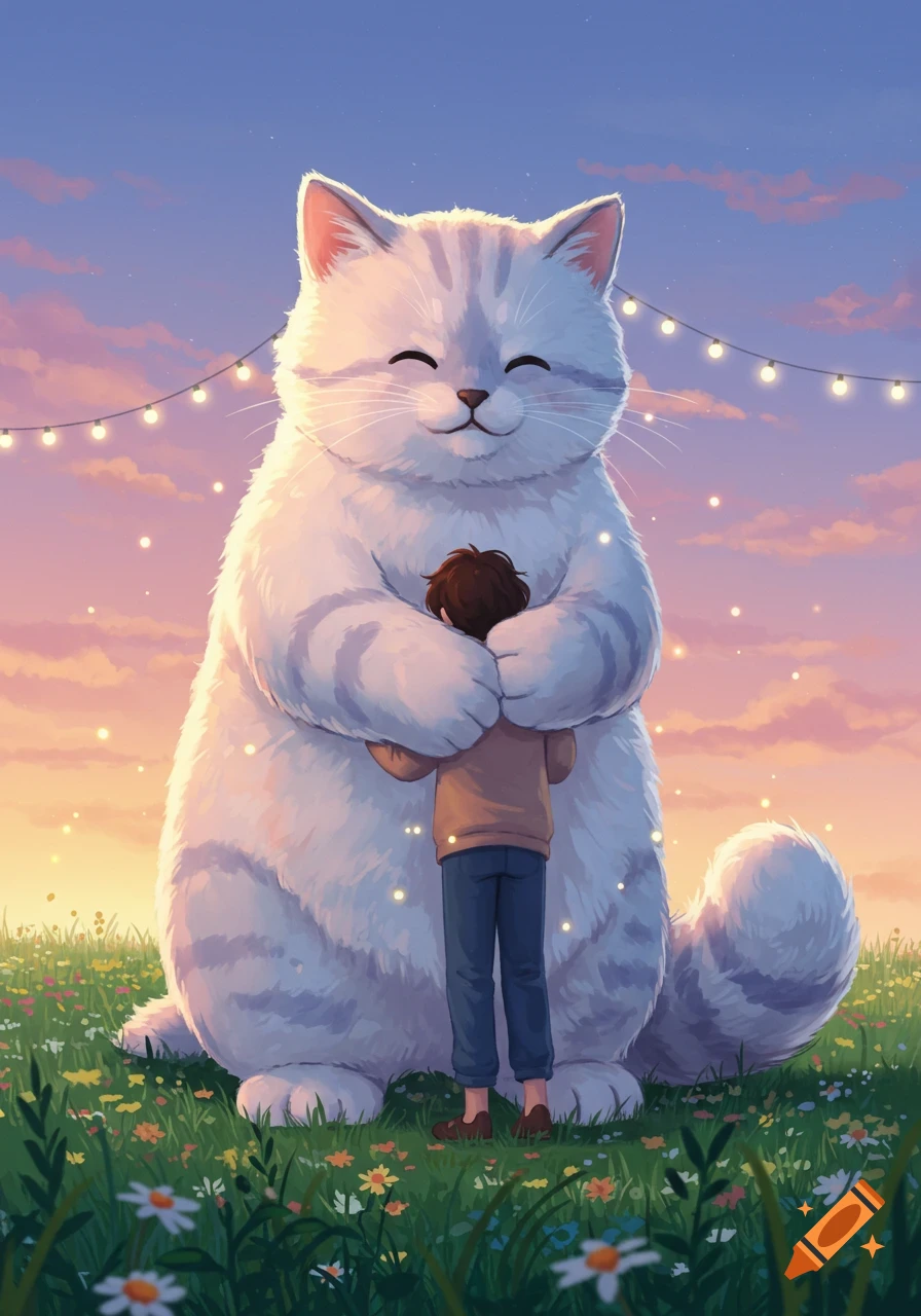A giant white cat with gray stripes gently hugs a small person in a field of wildflowers under a pastel sunset sky with string lights.