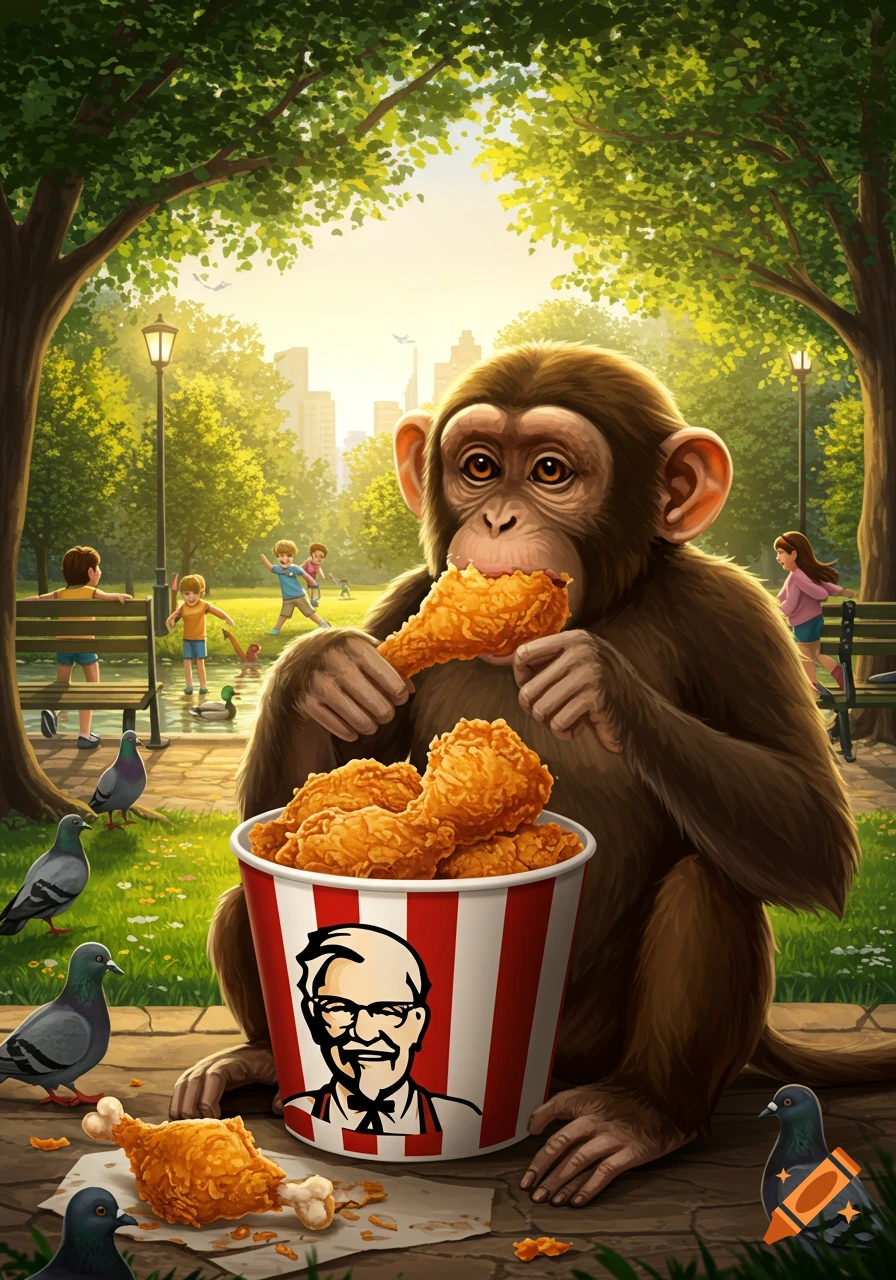 A chimpanzee sits in a sunny park, eating fried chicken from a KFC bucket, with children and pigeons in the background.