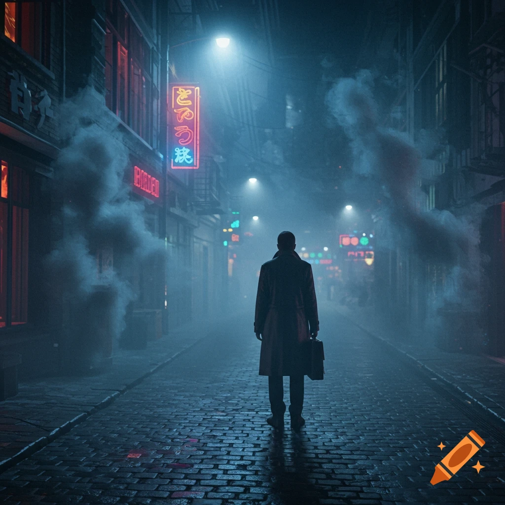 A man in a trench coat holding a briefcase walks away down a misty, neon-lit, cobblestone street at night, with buildings and glowing signs on either side.
