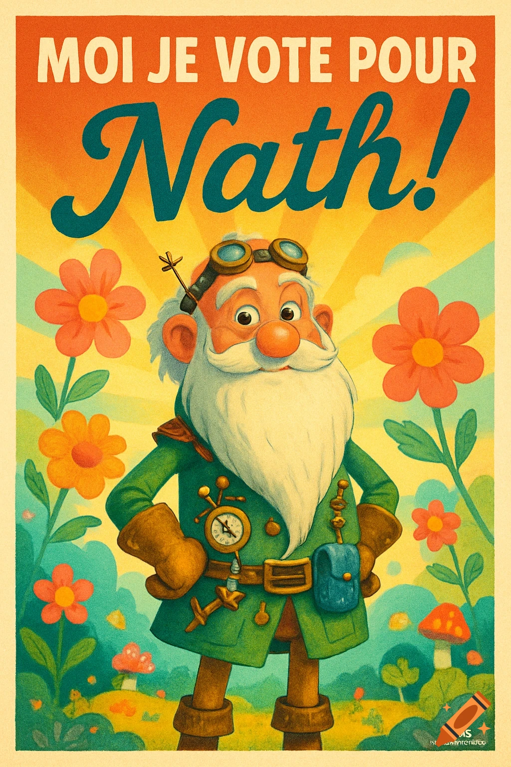 A retro-style campaign poster featuring a bearded gnome-like man in a green outfit with goggles, surrounded by colorful flowers and mushrooms. Text at the top reads, "MOI JE VOTE POUR Nath!"
