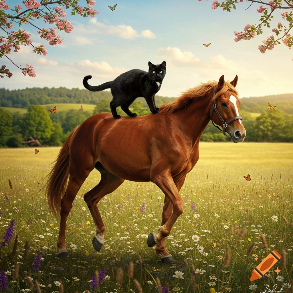 A black cat stands on the back of a brown horse walking through a sunny wildflower meadow with cherry blossoms and butterflies.