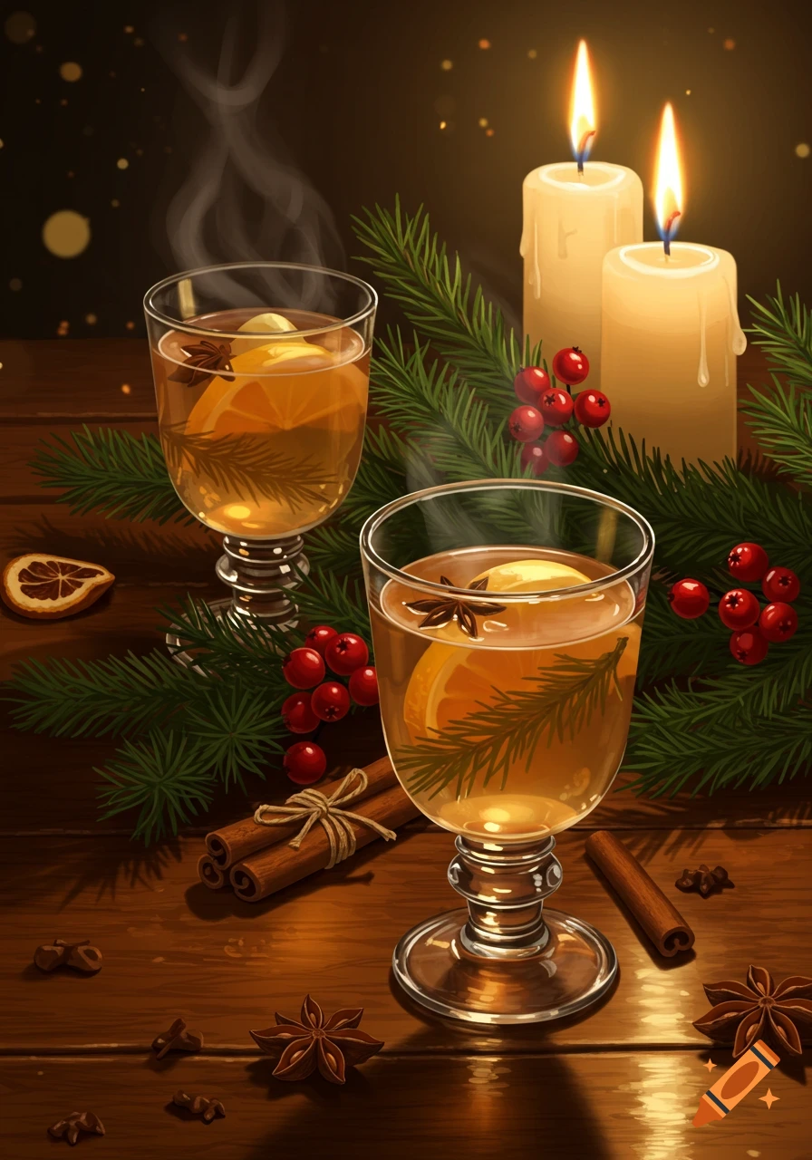 Two steaming glasses of punsch with orange slices and star anise, surrounded by fir branches, berries, cinnamon, and lit candles on a wooden table.
