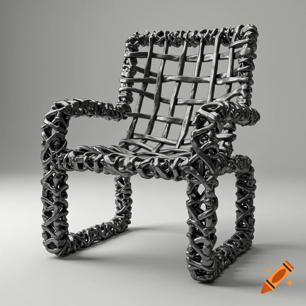 A modern chair made from interwoven, crumpled dark metal tubes on a light gray background.