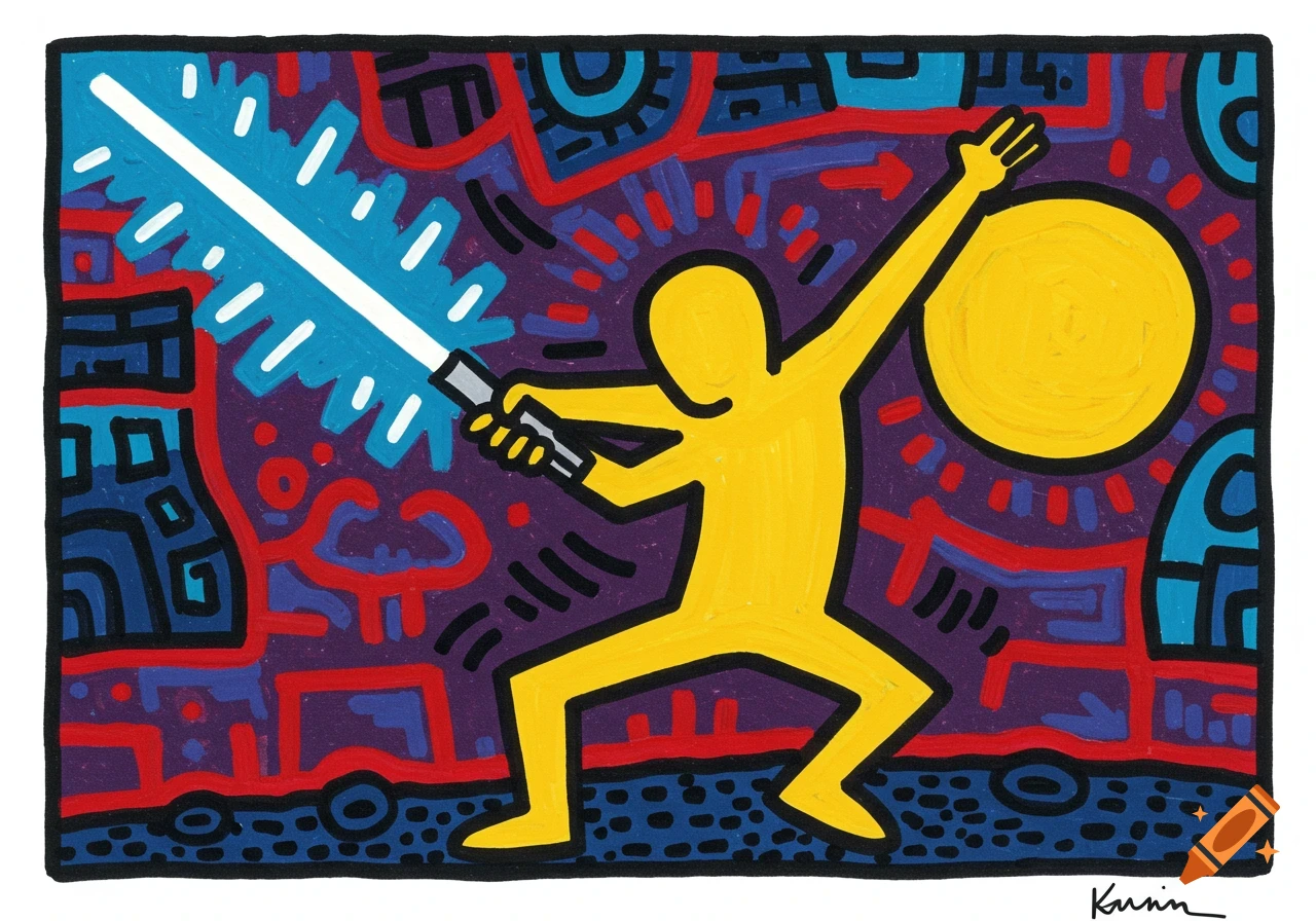 A yellow stick figure in Keith Haring's style holds a glowing blue lightsaber against a vibrant, abstract background with a yellow sun.