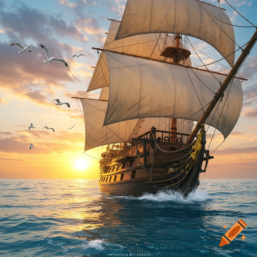 Photorealistic image of a large wooden sailing ship on the ocean at sunset with seagulls flying around.