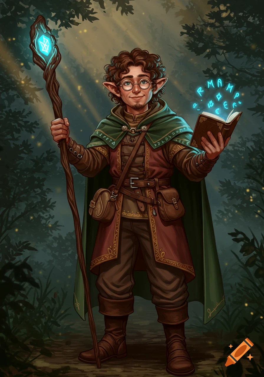 A male halfling wizard with curly brown hair, glasses, and a beard, holding a glowing magic staff and an open book with glowing runes, standing in a forest.
