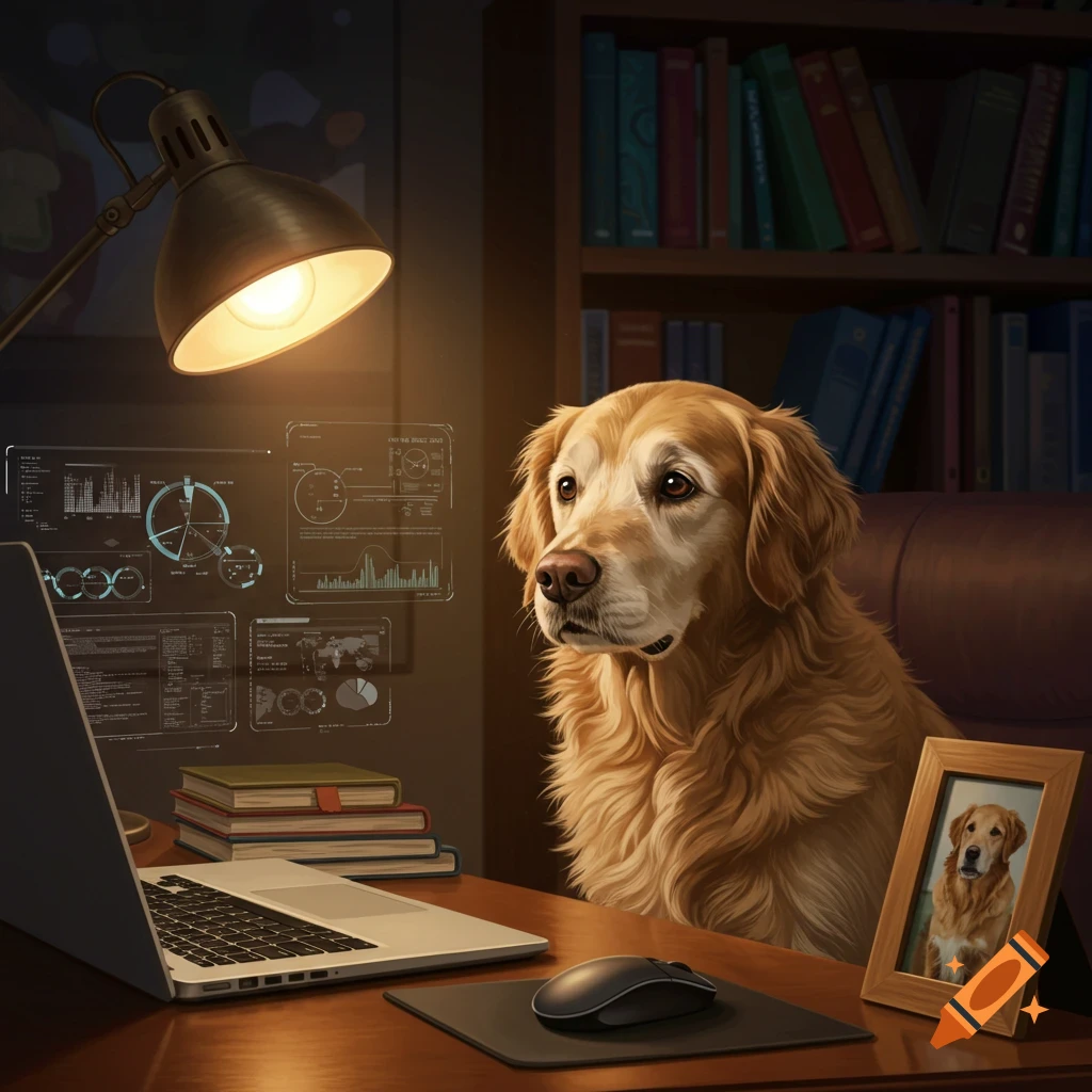 A golden retriever sits attentively at a desk with a laptop displaying data, a lit lamp, books, and a framed photo, in a photorealistic style.