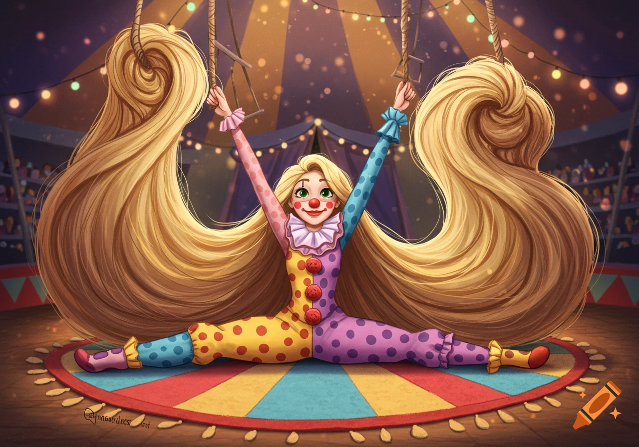 Cartoon Rapunzel in a colorful clown costume does a split on a striped rug in a circus tent, holding trapeze bars with her long blonde hair.