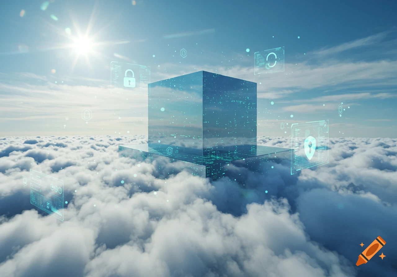 A translucent blue cube with glowing digital patterns stands above white clouds, surrounded by holographic security icons under a bright sun.