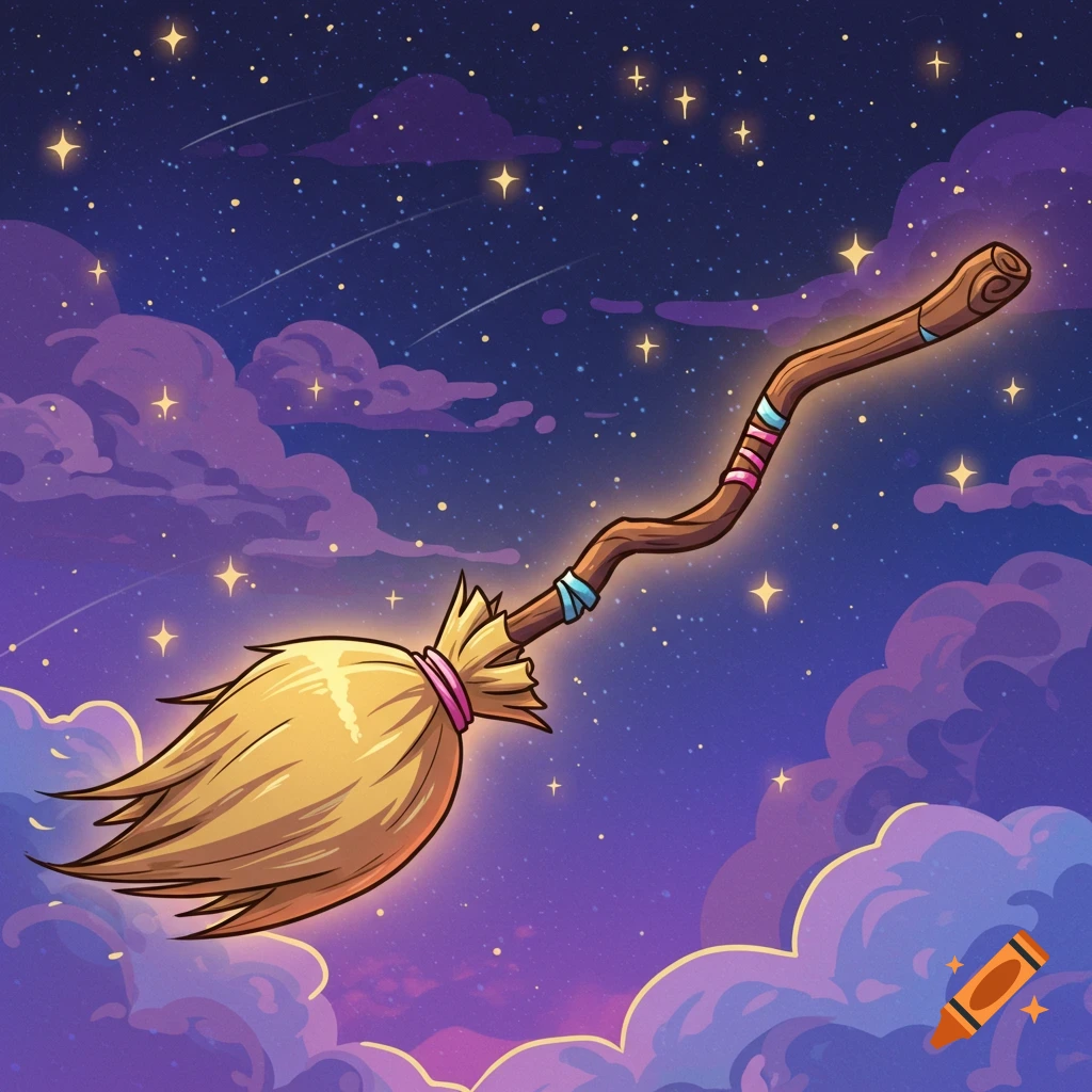A glowing cartoon witch's broom flies through a starry purple night sky with fluffy clouds.