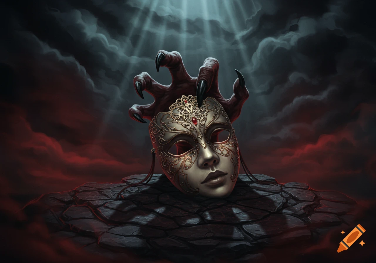 A demonic hand with sharp claws emerging from dark clouds, holding an ornate golden mask with red jewels against a dramatic, moody sky.