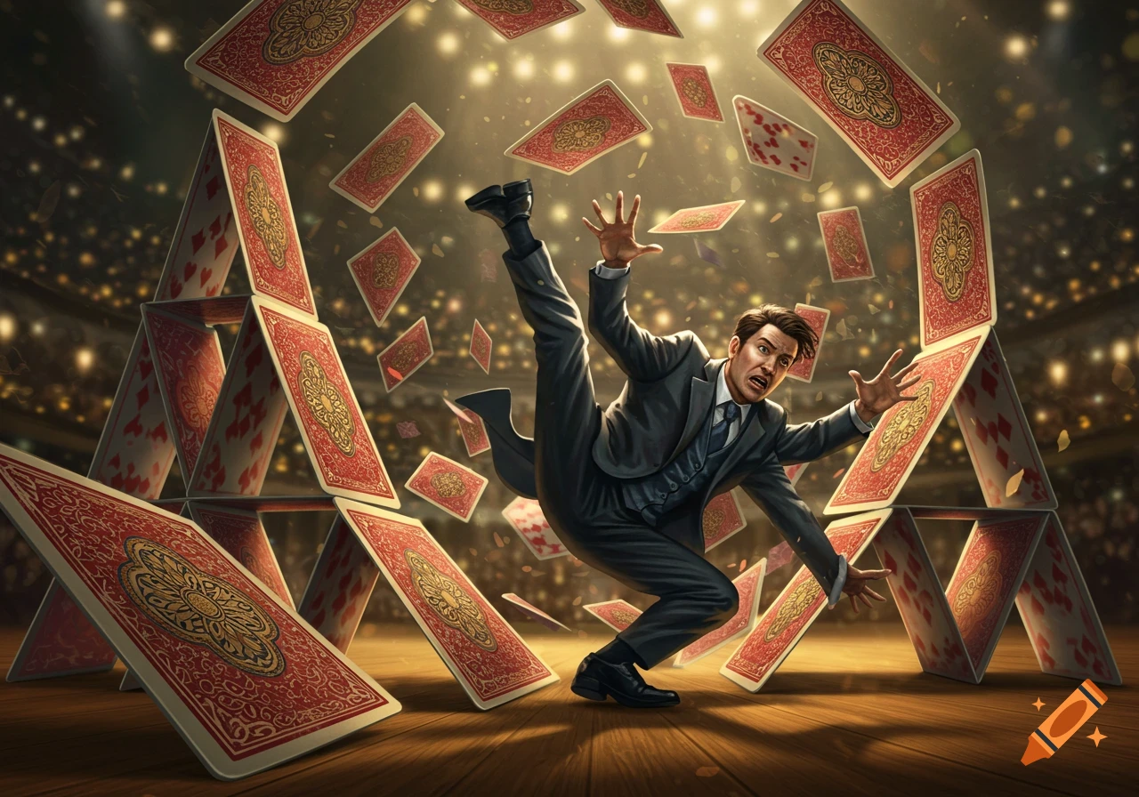 A man in a suit dramatically falls as a house of cards collapses around him, cards flying in a spotlight.
