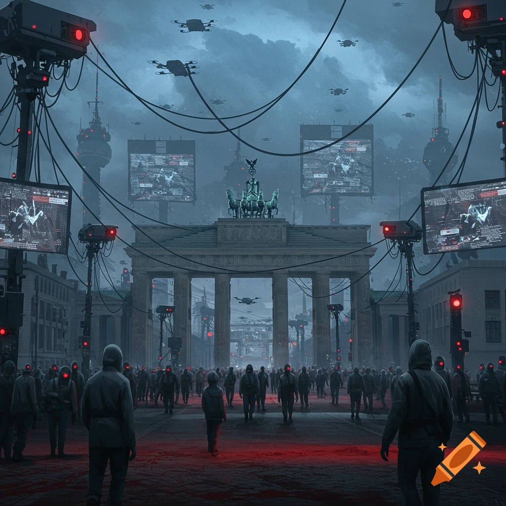 A dystopian surveillance state scene in a futuristic Berlin, with the Brandenburg Gate, flying drones, red-eyed figures, and screens displaying data.