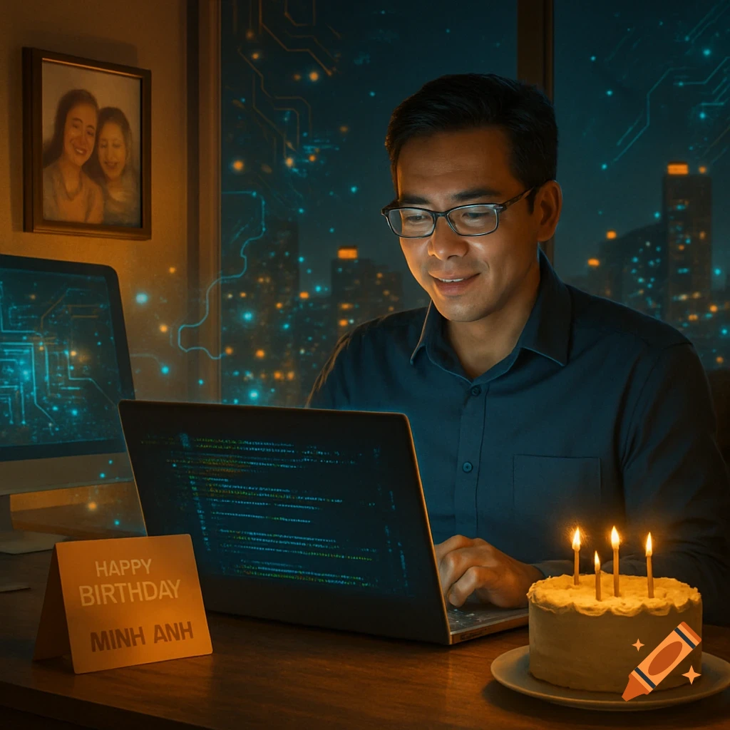 Photorealistic image of programmer Minh Anh smiling at his laptop with a birthday cake and card, city skyline behind.