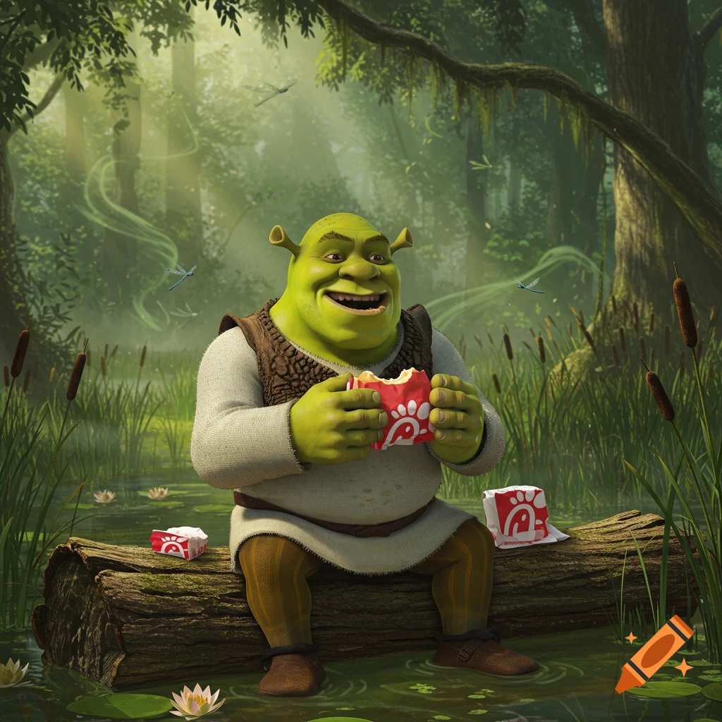 Shrek sits on a log in a swamp, happily eating a Chick-fil-A sandwich. The scene is photorealistic with dragonflies and water lilies.