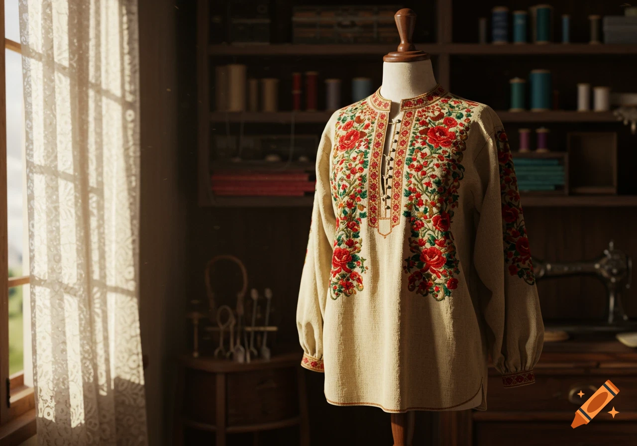 An ornate embroidered shirt on a mannequin, showcasing intricate red and green floral patterns, in a sunlit room with a window and shelves in the background.