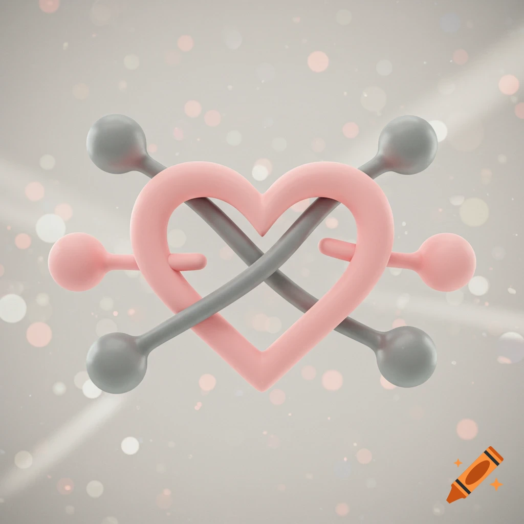 A 3D render of a stylized pink heart intertwined with grey connected rod-like symbols, set against a soft bokeh background.