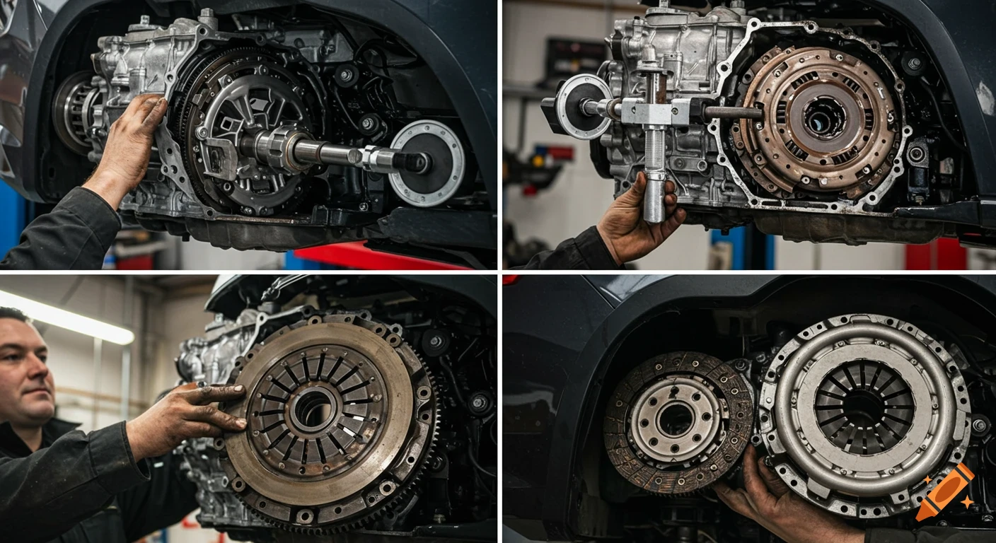Four photorealistic images show a mechanic replacing a car's manual transmission clutch, detailing different stages of the process.